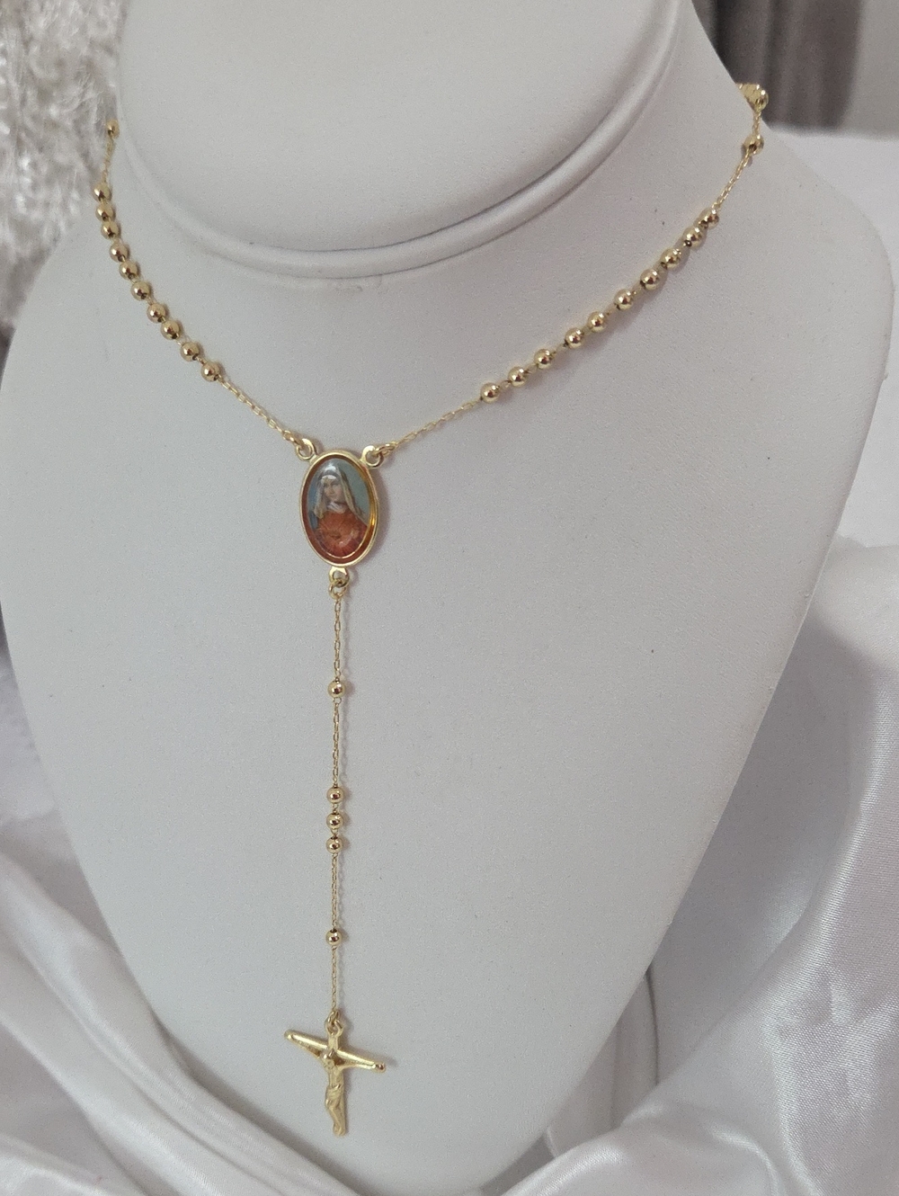 18K Gold Plated Jesus and Maria Cross Rosary Ball Beades Chain Necklaces